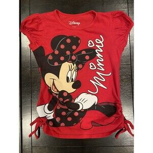 Disney Sz S 6 6X Minnie Mouse Girls T-Shirt Red Stretchy Graphic Shirt With Ties